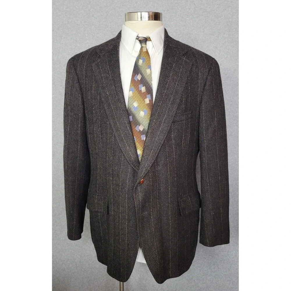 Chaps Ralph Lauren Mens Brown Herringbone Striped Wool Blazer Sport Coat USA 44?
